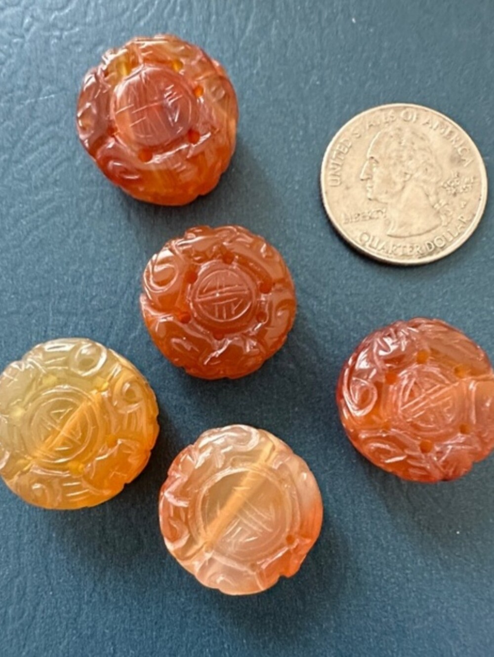 Vintage Carved Carnelian Round Beads - Set of 5